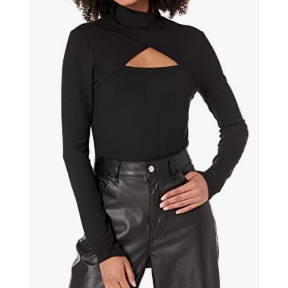 Paige Sonata Top Black Rib Knit Cross Cutout Long Sleeve Mock Neck Shirt Black L